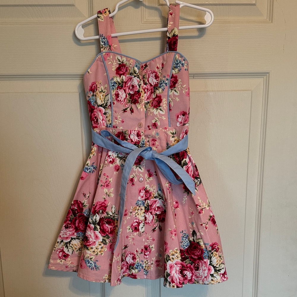 Dollcake Pink Floral Dress with Blue Sash